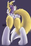  1girl 1girl 2016 anthro anus ass blue_eyes breasts bridal_gauntlets canine chest_tuft digimon fluffy_tail fox fur furry looking_at_viewer looking_back mammal mistystriker mostly_nude nipples nude pussy rear_view renamon smile tuft white_fur white_sclera yellow_fur 