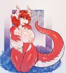  1girl 1girl 2016 absurd_res anthro areola avante92 big_breasts blue_eyes breasts dragon fangs furry hair hand_on_breast high_res horn huge_breasts kneel looking_at_viewer naphta nipples nude purple_eyes red_hair scalie thick_thighs 