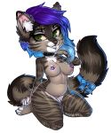  1girl anthro bell big_breasts blue_hair bow breasts cat chibi collar ear_piercing facial_piercing feline fur furry green_eyes grey_fur hair kneel lip_piercing mammal nipples nose_piercing nose_ring nude piercing purple_hair stripes thick_thighs transparent_background wide_hips xenthyl 