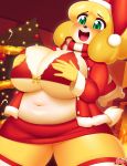  1girl 1girl 2016 3mangos animal_crossing anthro big_breasts blush breasts canine christmas christmas_tree clothing dog fireplace furry green_eyes hair hat holidays huge_breasts inside isabelle_(animal_crossing) mammal navel nintendo open_mouth santa_hat scarf shih_tzu slightly_chubby tree video_games 