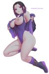  1girl blush boots breasts dc_comics exposed_breasts exposed_nipples female female_only highleg_leotard jacket leotard melowh nipples open_clothes open_clothing rachel_roth raven_(dc) solo teen_titans thick_thighs 