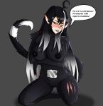  battle_scars big_breasts black_and_white_hair black_fur black_lips cat_tail female_only looking_at_viewer original_character red_nails russian_text simple_background slendytubbies slendytubbies_oc teasing thick_legs thick_thighs wide_hips yellow_eyes 