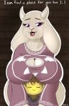  1girl 2010s 2016 ambiguous_gender anthro big_breasts boob_hat boss_monster breasts breasts_bigger_than_head breasts_on_head caprine child cleavage clothed clothing don_ko english_text frisk frisk_(undertale) furry goat horn huge_breasts human mammal text toriel undertale undertale_(series) video_games young young_human younger_human 