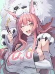  1girl :d animal animal_ear_fluff animal_ears arm_under_breasts bare_shoulders big_breasts black_sports_bra blush breasts chewing detached_sleeves goddess_of_victory:_nikke hair_intakes high_res holding leona_(nikke) lion long_hair looking_at_viewer one_eye_closed open_mouth pink_hair shirt sideboob sideless_shirt sidelocks smile snot sports_bra tail takeclaire timi_(nikke) turtleneck_shirt white_shirt yellow_eyes 