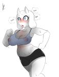  1girl 1girl 2016 anthro blush boss_monster breasts caprine clothed clothing english_text fur furry goat high_res horn inuyuru mammal navel nipples open_mouth running simple_background sweat text tongue toriel undertale video_games white_background white_fur 