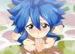  1boy 1girl blue_hair blush breasts brown_eyes cute fairy_tail fellatio levy_mcgarden long_hair looking_at_viewer nipples oral penis saliva uncensored 