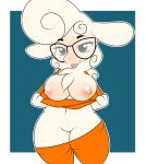  1girl 1girl 2016 anthro areola big_breasts blue_background border breasts caprine clothing dawn_bellwether disney eyewear flashing furry glasses green_eyes high_res kloudmutt mammal nipples pussy sheep simple_background tongue tongue_out white_border wide_hips zootopia 