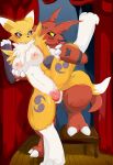  1girl 2016 anthro blush breasts canine digimon digital_media_(artwork) dragoon86 duo fox fur furry guilmon high_res male male/female mammal nipples nude open_mouth penetration penis pussy renamon scalie sex tuft vaginal vaginal_penetration white_fur yellow_fur 