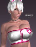 3d arm arms babe bare_arms big_breasts breasts bustier choker cleavage dark_skin female heart high_res large_breasts lips lipstick looking_at_viewer makeup midriff neck necklace nurse nurse_cap short_hair silver_(umemaro) silver_hair solo strapless tattoo tubetop umemaro umemaro_3d upper_body white_hair zipper