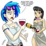 2girls alcohol art bare_shoulders belt black_hair blue_hair bottle bowtie breasts cleavage detached_collar dress drink english friendship_is_magic glass goggles goggles_on_head grey_dress hair humanized long_hair multiple_girls my_little_pony octavia octavia_melody pluckyninja_(artist) short_hair side_slit standing strapless strapless_dress talking tank_top vinyl_scratch white_background wine