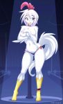  1girl avian big_breasts blue_eyes blush breasts cute furry hair looking_at_viewer short_hair smile stripper_pole tail topless white_hair 