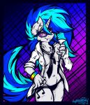 1girl 2014 abstract_background anthro anthrofied bracelet breasts clothed clothing equine eyewear fangs friendship_is_magic fur furry glasses hair horn jewelry looking_at_viewer mammal mimy92sonadow multicolored_hair my_little_pony neck_tie panties red_eyes shirt tattoo underwear unicorn vinyl_scratch_(mlp) white_fur 