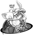  1girl 2016 anthro bat big_breasts braided_hair breast_squish breasts breasts_frottage bunnie_rabbot comparing comparing_breasts duo english_text female/female furry greyscale hair hat hugging interspecies is_(artist) lagomorph mammal messy monochrome rabbit rouge_the_bat sega simple_background text 