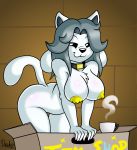 1girl 2016 anthro big_breasts black_eyes black_hair box breasts canine chest_tuft collar cup drako1997 feline furry hair high_res long_hair mammal nipples nude smile solo solo_anthro solo_female temmie temmie_(undertale) tuft undertale undertale_(series) video_games yellow_nipples