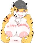  1girl 1girl anthro areola baseball_cap big_areola big_breasts birthday blush breasts chest_tuft fangs feline front_view furry hair half-closed_eyes hat high_res huge_breasts inner_ear_fluff kokkoman looking_at_viewer mammal masturbation navel nipple_pinch nipples nude obese open_mouth overweight overweight_female red_eyes short_hair simple_background smile teeth text tiger tongue tuft 