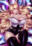 1female 1girl ahri ahri_(league_of_legends) alternate_version_available big_breasts blonde_hair cat_ears choker diamond ear_piercing earrings female_only gold_jewelry golden_eyes horny huge_breasts k/da_(league_of_legends) k/da_ahri latex latex_stockings league_of_legends looking_at_viewer multiple_tails nose riarfian sexy sexy_breasts solo_female stockings tails voluptuous wanting_to_get_pregnant