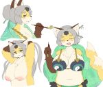  1girl 1girl anthro areola better_version_at_source big_breasts blush breasts canine clothed clothing concon-collector fox fur furry grey_hair hair hair_up hermit_fox_byakudan huge_breasts kemono kyuuri mammal multi_tail navel nipples nude open_mouth pipe puffy_nipples simple_background skimpy smile topless yin_yang 