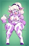  1girl absurd_res anthro areola argento bedroom_eyes big_breasts bovine breasts cattle fur furry hair half-closed_eyes headband heart highres hooves horn jocelyn long_hair looking_at_viewer mammal nipples nude pose purple_eyes purple_fur seductive sitting smile spots thick_thighs voluptuous white_fur white_hair wide_hips 