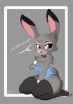  1girl 1girl 2016 anthro blush border bow_tie breasts bunny_costume cleavage clothed clothing dialogue disney fur furry judy_hopps knee_socks kneel lagomorph legwear long_ears looking_at_viewer mammal purple_eyes rabbit simple_background socks teeth text thick_thighs zootopia zzvinniezz 