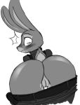  1girl 1girl 2016 anthro ass bent_over clothed clothing disney furry greyscale judy_hopps lagomorph looking_back mammal monochrome pants_down partially_clothed rabbit rear_view seii3 surprise zootopia zxx3 