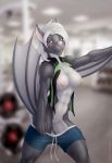  1girl 2016 abs anthro athletic aurancreations bat belly breasts clothed clothing female_only fur furry grey_fur gym hair highres mammal midriff muscular muscular_female navel nipples nude open_shirt pants_down partially_clothed piercing pussy red_eyes serenity smile solo_female sport undressing white_hair wings 