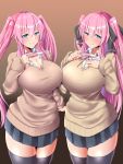  2_girls blush breasts happy huge_breasts long_hair looking_at_viewer pink_hair pregnancy_test smile thick_thighs thighs 