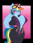  1girl 2016 anthro anthrofied blush breasts cameltoe cleavage clothed clothing equine eyewear friendship_is_magic furry goggles hair king-cheetah krazykari mammal multicolored_hair my_little_pony pegasus purple_eyes rainbow_dash rainbow_hair shadowbolts_(mlp) skinsuit tight_clothing wings 
