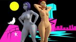  2_girls 3d dc dc_comics green_eyes nipples nude raven_(dc) starfire teen_titans 