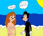   1boy 1girl 2024 a_goofy_movie aged_up big_breasts black_hair black_nose brown_nose disney english_text gloves max_goof navel nipples nude nude_beach orange_hair penis roxanne sun testicle