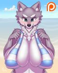  1girl 1girl 2016 anthro big_breasts breasts canine cleavage clothed clothing fabianoferreira furry high_res huge_breasts mammal patreon swimsuit wolf 