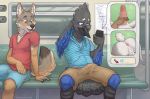  2016 anthro anus avian bird bulge canine cellphone chewycuticle clothing erection erection_under_clothes eyewear furry glasses humanoid_penis male male/male mammal penis phone public train wolf 