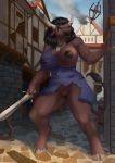  1girl 1girl anthro big_breasts black_hair black_nipples blue_eyes bovid bovine breasts brown_body brown_fur city clothing dungeons_and_dragons european_mythology fur furry genitals greek_mythology hair hasbro high_res hooves horn horn_ring huge_breasts jewelry mammal melee_weapon merrunz minotaur muscular muscular_female mythology necklace nihea_avarta nipples pussy smoke standing sword tail_tuft thick_thighs torn_clothing tuft weapon wide_hips wizards_of_the_coast 