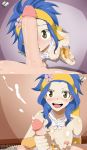  1girl big_penis blue_hair blush breasts brown_eyes cum eyebrows facejob fairy_tail flower hair handjob levy_mcgarden long_hair massive_penis nipples open_mouth penis penis_on_face penis_on_head smile whentai 