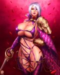  1girl alluring arm_behind_back armor bangs big_breasts breasts choker cleavage clothed cosplay crossover earings female female_only fingerless_gloves fiora_laurent garter_straps gloves hair highres holding holding_weapon huge_breasts isabella_valentine isabella_valentine_(cosplay) ivy_valentine jewelry large_breasts league_of_legends looking_at_viewer pauldrons rapier revealing_clothes side_boob single_gauntlet solo soul_calibur soulcalibur_iv standing svoidist_(artist) sword thigh_strap underboob weapon 