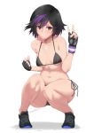  1_female 1_girl 1girl artist_name asian big_hero_6 bikini black_bikini black_gloves black_hair breasts brown_eyes candy chewing_gum crouching disney female female_only fingerless_gloves gloves gogo_tomago gum hair highres human human_only looking_at_viewer marvel multicolor_hair multicolored_hair non-nude purple_hair shiny shiny_skin short_hair side-tie_bikini simple_background solo squatting stormcow swimsuit two-tone_hair white_background 