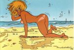  1girl ass beach black_eyes blonde_hair breasts looking_back nipples nude ocean short_hair tan tan_line water wind 