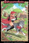 1girl basket big_bad_wolf blue_eyes boots bottomless breasts brown_hair cabin cleavage ear_rings elena_mirulla fairy_tales gloves hood lipstick little_red_riding_hood long_hair red_lipstick riding wolf woods