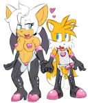  1girl 2016 anthro areola bat big_breasts breasts canine clothed clothing duo erect_nipples erection extraspecialzone fox furry heart male mammal miles_&quot;tails&quot;_prower nipples penis rouge_the_bat sega skimpy testicles white_background 