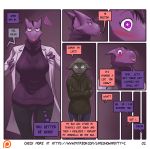  anthro blush clothing comic dialogue dickgirl dragon feline furry hoodie intersex james_howard lab_coat larger_intersex male mammal patreon purple_skin scalie size_difference sweater 