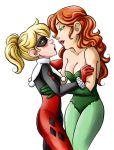 2_girls 2girls art babe bare_shoulders batman_(series) blonde blonde_hair blush bodysuit breasts cleavage dc dc_comics dc_universe dcau eye_contact gloves green_clothes green_gloves hair half-closed_eyes harley_quinn hugging incipient_kiss ivyquinn leotard lips lipstick long_hair looking_at_another love makeup multiple_girls mutual_yuri neck orange_hair poison_ivy red_lipstick scuttlebuttink_(artist) short_hair standing strapless twin_tails white_background yuri