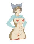 1girl anthro athletic autumm_airwave belly breasts brown_hair canine claws clothed clothing clothing_lift digital_media_(artwork) dog furry hair hand_on_hip hat headgear heart mammal midriff navel pants_down partially_clothed portrait presenting pussy red_eyes shirt shirt_lift thick_thighs three-quarter_portrait 