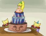 1girl birthday_cake blonde_hair breasts cake cake_(food) candle food gradient_background grey_background mana_goblin nipples nude_female party_hat pop_out_cake purim secret_of_mana topless_female