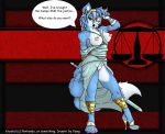 1girl anthro anthro_only blindfold blue_fur bottomless breasts breasts_out_of_clothes comic_sans english_text female_only high_heels jewelry krystal nintendo nipples pointy_nipples purple_nails scales star_fox sword tail text text_bubble topless topless_female weapon winking_at_viewer yawg