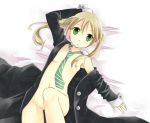  1girl bed_sheet blonde_hair blush collarbone formal from_above green_eyes jacket long_sleeves maka maka_albarn momoyama_nozomu necktie open_clothes open_jacket open_robe robe solo soul_eater suit twintails 