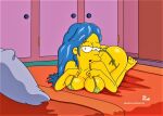  ass blue_hair breasts erect_nipples_under_clothes marge_simpson micro_bra milf the_simpsons thighs thong vic_mesaki_(artist) yellow_skin 