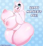  1girl 2016 anthro boss_monster breasts caprine english_text furry goat happy_mother&#039;s_day highres holidays horn huge_breasts hyper hyper_breasts large_breasts long_ears mammal mother&#039;s_day nipples nude one_eye_closed open_mouth somescrub text toriel undertale video_games 