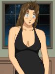 1girl :o ajd262 arms bare_arms bare_shoulders black_dress blue_eyes blush brown_hair collarbone dress indoors long_hair milly_thompson night night_sky open_mouth shy sky starry_sky trigun window
