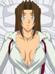 1girl ajd262 bed blue_eyes blush breasts breasts_apart brown_hair collarbone from_above jewelry long_hair long_sleeves looking_at_viewer lying milly_thompson neck necklace on_back open_clothes pillow smile trigun unbuttoned upper_body