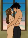 1boy 1girl ajd262 art babe black_hair blue_eyes breasts brown_hair clothed_male_nude_female couple eye_contact long_hair looking_at_another love male/female milly_thompson nicholas_d_wolfwood nude short_hair standing trigun