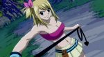  1girl babe bare_shoulders big_breasts black_eyes blonde blonde_hair breasts fairy_tail long_hair looking_at_viewer lucy_heartfilia midriff one_side_up smile strapless tubetop 